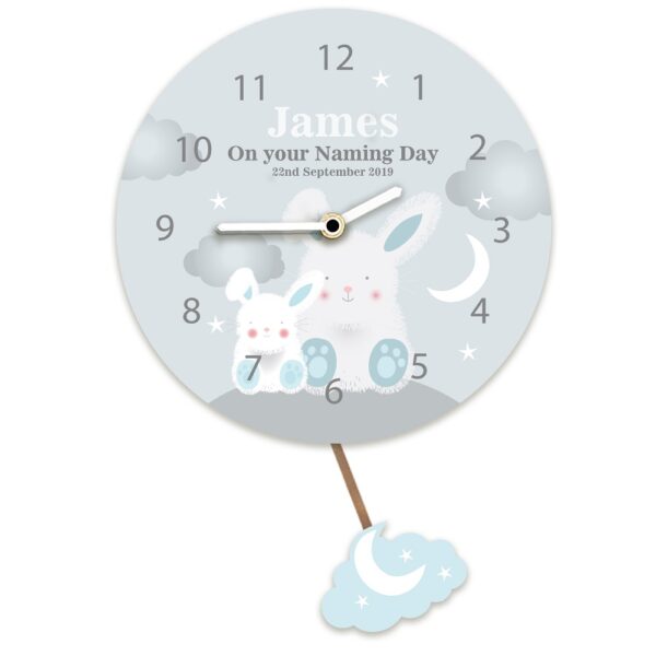 Baby Boy Starry Night Bunny Rabbit Customised Pendulum Wall Clock. Any Occasion.
