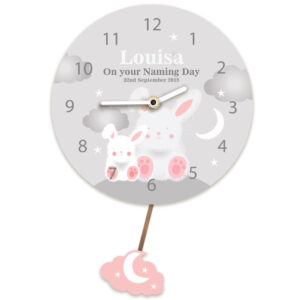 Starry Night Bunny Rabbit Baby Girls Personalised Pendulum Wall Clock. Any Occasion