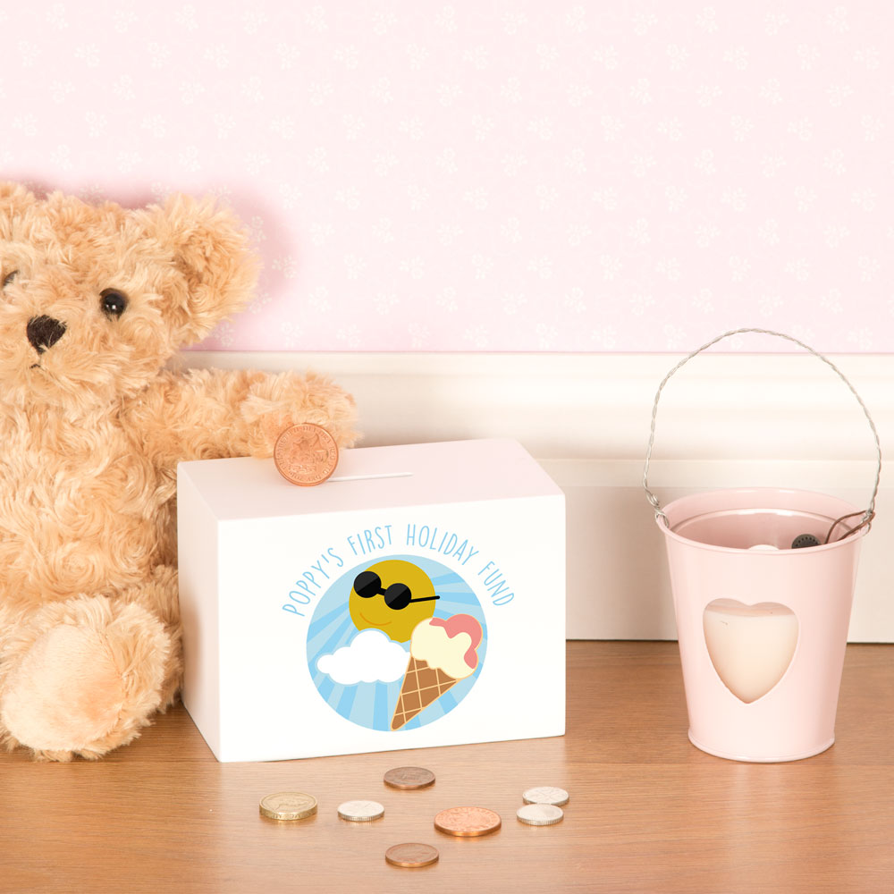 First Holiday Fund Personalised Wooden Money Box