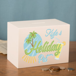 Personalised Holiday Money Pot. Customised Travelling Gift Idea. White Wooden Savings Box.