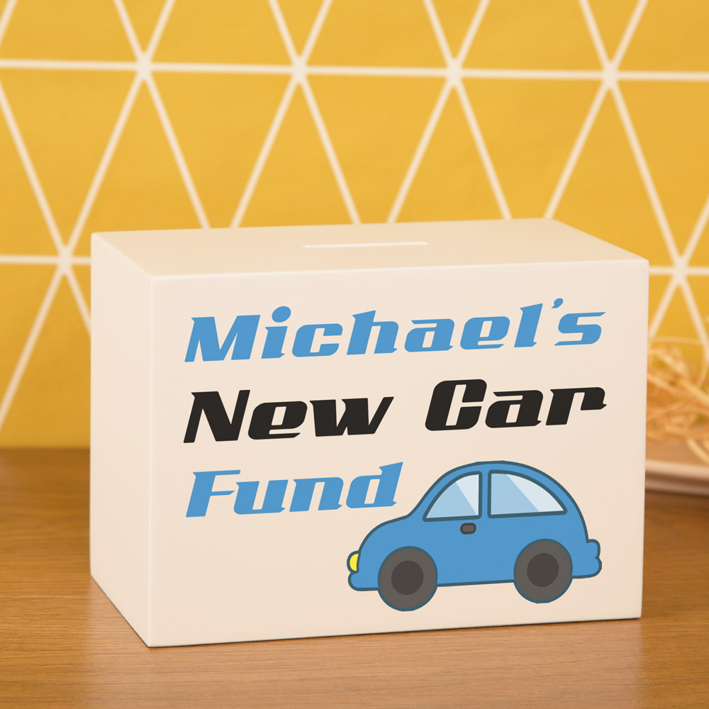 White Wooden Money Box Blue New Car Fund