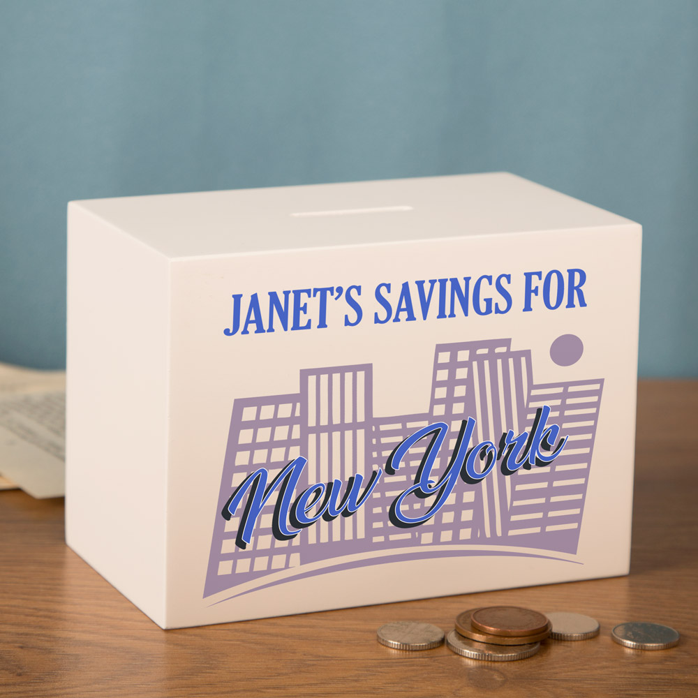 New York Savings Fund Personalised Wooden Money Box. Personalised Holiday Fund for Him or Her.