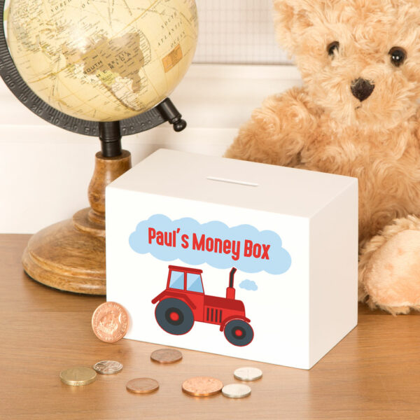 Red Tractor Wooden Money Box Personalised with Name